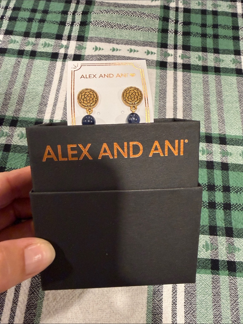 NIB Alex and Ani Gold Floral Drop Earrings with Navy Bead- New Beginnings
